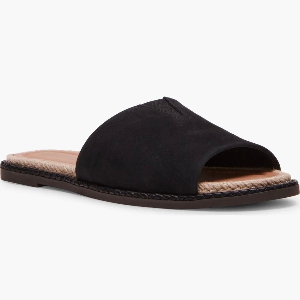 NIB Blondo 8M Waterproof Emilia Black Nubuck Slide Flat Sandals Jute Trim - Picture 10 of 12